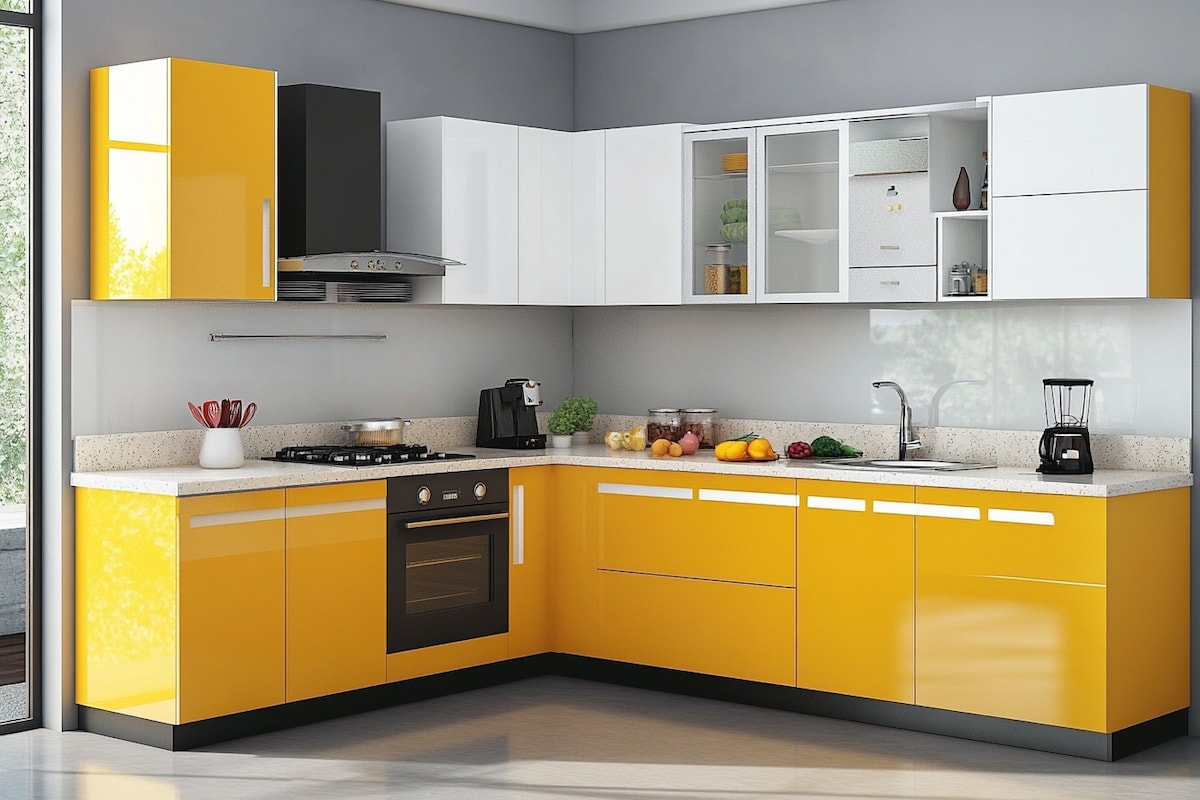 Pearl and Yellow Modern L-Shaped Kitchen Design