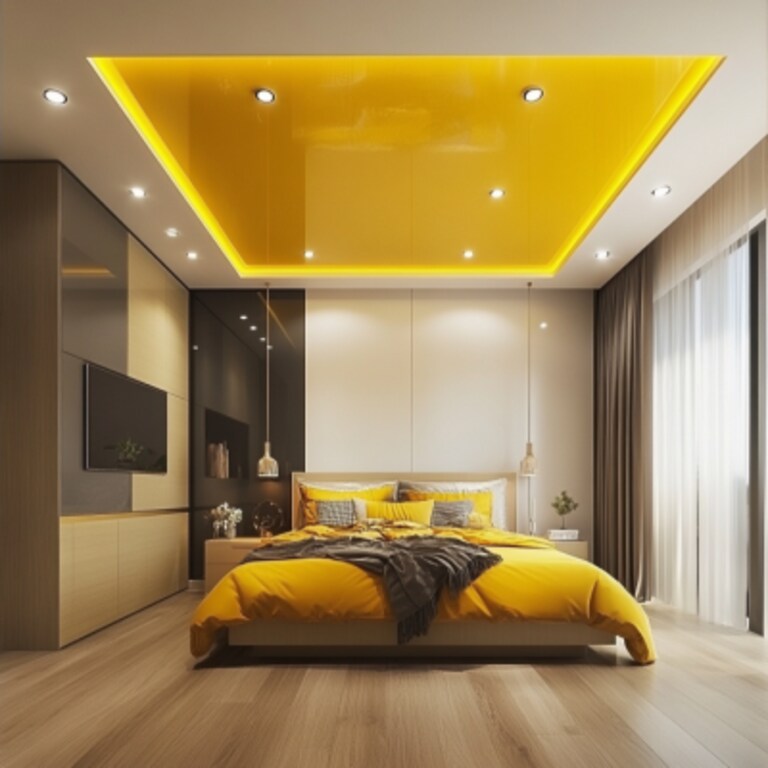 Modern Peripheral Rectangle Mustard Yellow Bedroom Ceiling Design