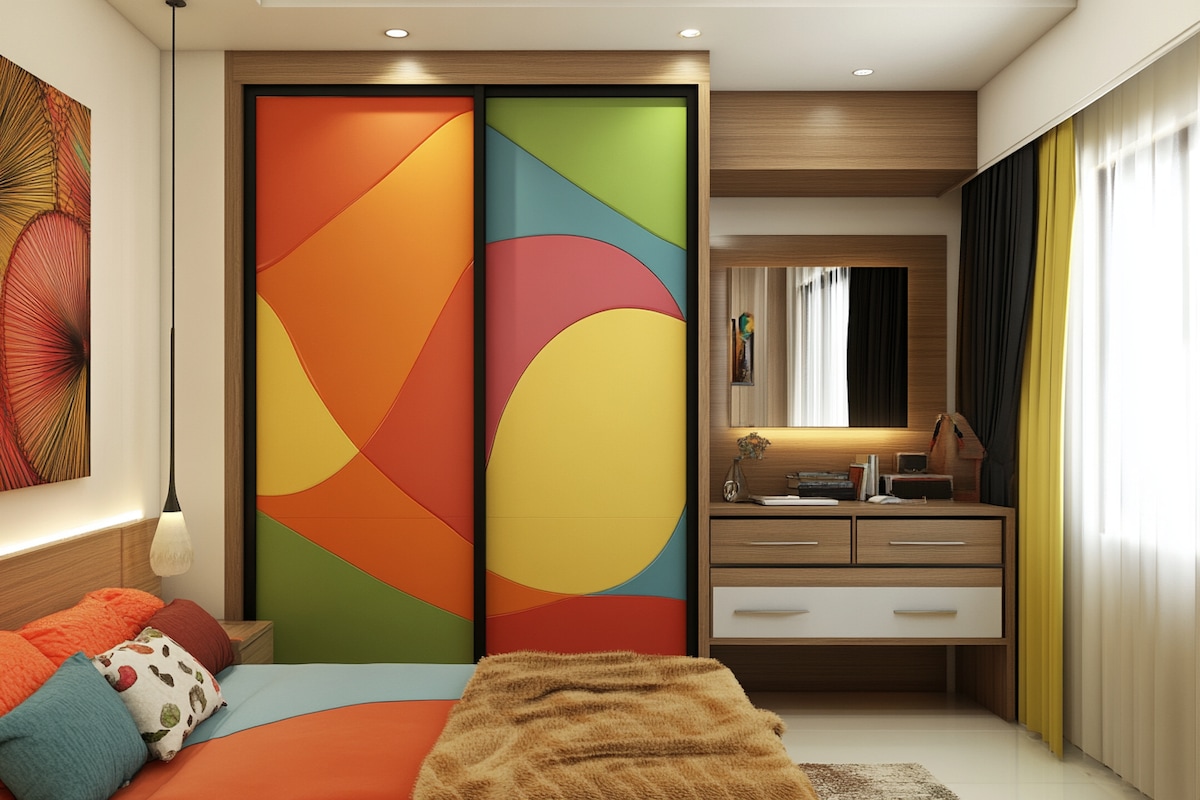 Modern 2 Door Sliding Wardrobe Design With Multicolour Panel