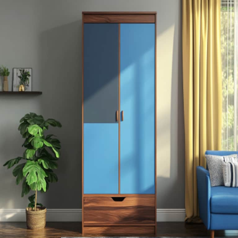 Modern 2-Door Swing Wardrobe Design In Grey And Blue