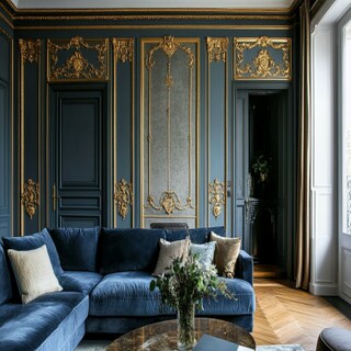 Traditional Living Room Design With Ornamental Gold-Toned Wall Moulding