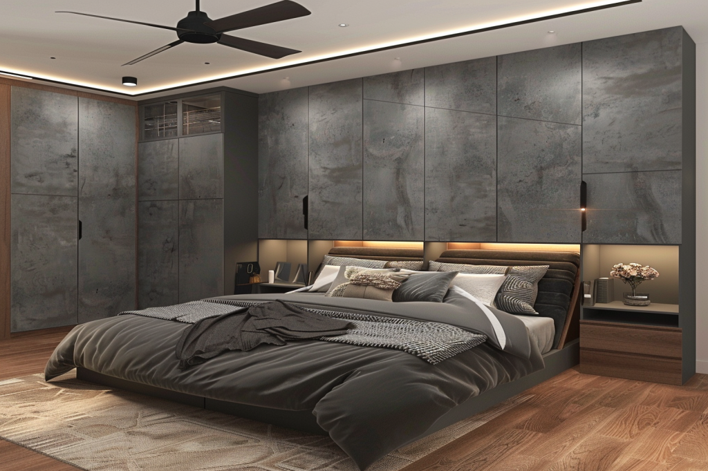 Industrial Grey Master Bedroom Design With L Shaped Wardrobe