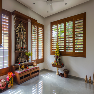 Traditional Pooja Room Design With Shutters And Pullout Drawers