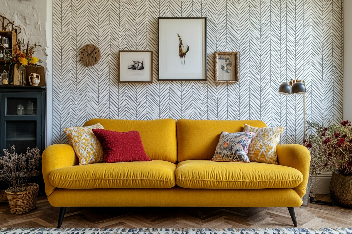 Contemporary Living Room Design With 2-Seater Yellow Sofa And Herringbone Patterned Wallpaper