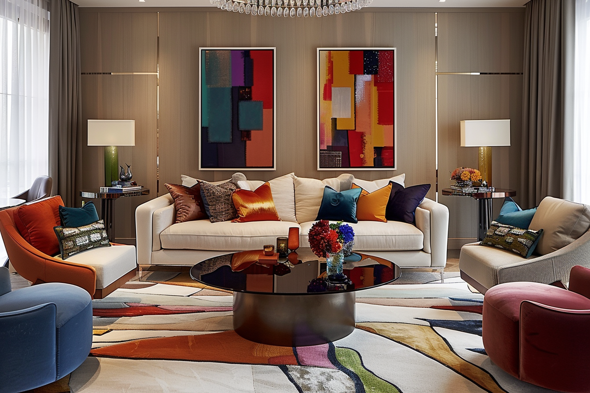 Contemporary Living Room Design With Cream-Toned Tuxedo Sofa And Multi-coloured Accent Chairs