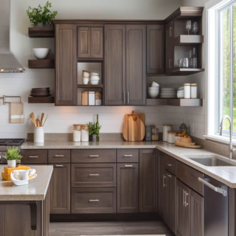 Walnut Bronze Modern L-Shaped Kitchen Design with Quartz Countertop