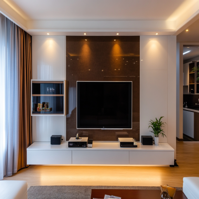 Modern White TV Unit Design With Brown Accent Wall