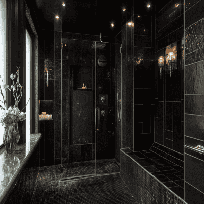 Stylish Contemporary Bathroom with Black Tiles and Glass Partitioned Shower