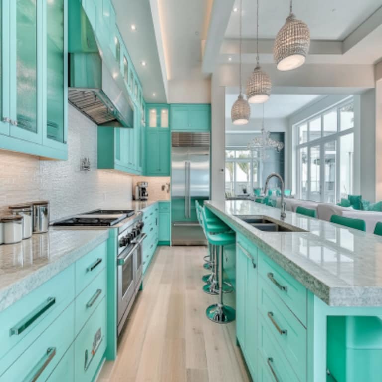 Modern Aqua Parallel Kitchen Design with Quartz Countertop