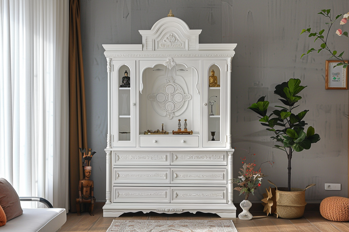 Modern White Mandir Design With Om Inscribed And 3-Drawer Storage