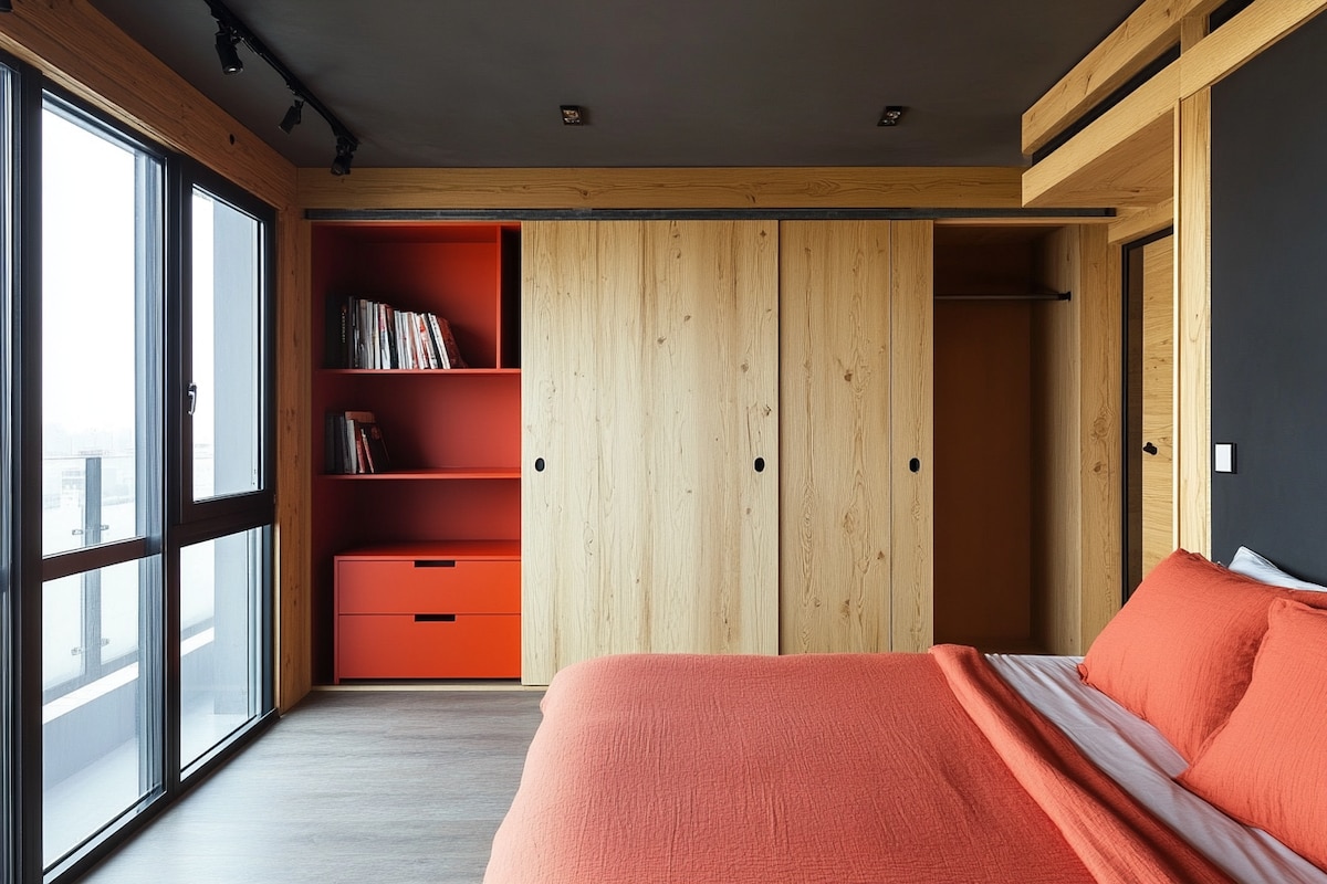 Minimal Wooden Sliding Door Wardrobe Design With Red Open Storage