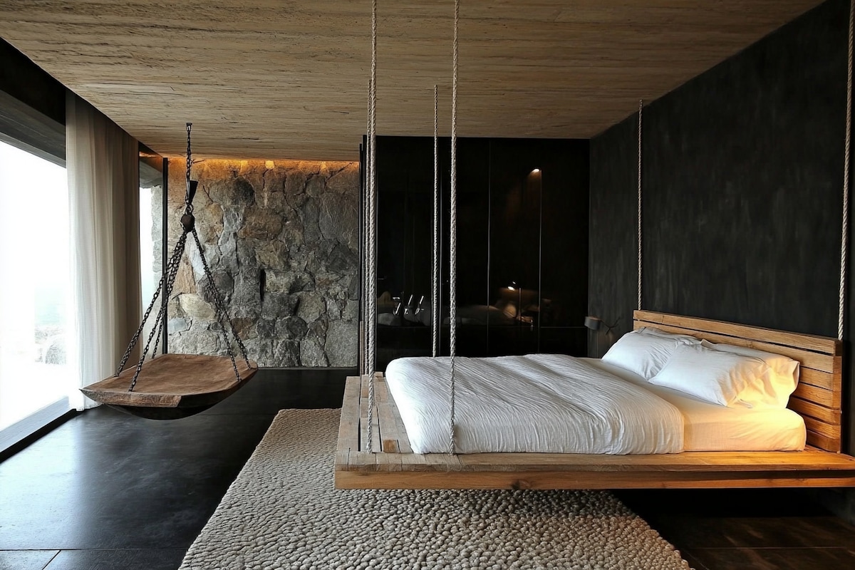 Contemporary Master Bedroom Design With Wooden Swing Wardrobes