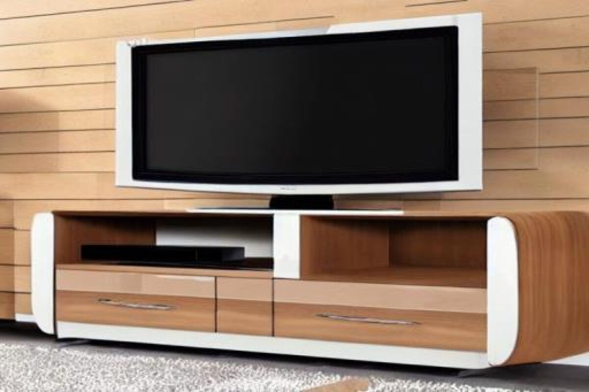 Modern TV Unit design in Brown and Cream Laminate with Multiple Drawers Modern TV Unit design in Brown and Cream Laminate with Multiple Drawers