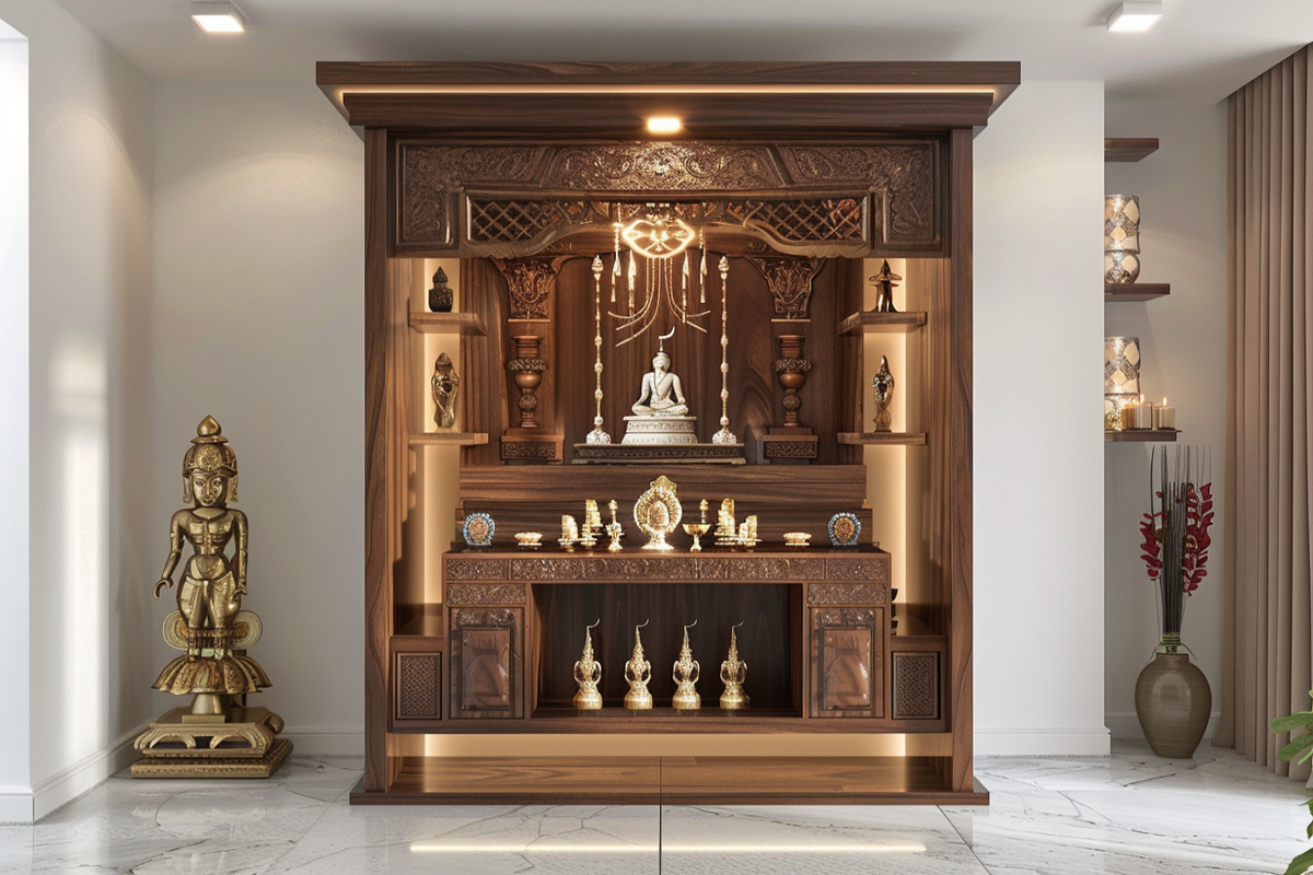 Traditional Pooja Unit Design With Walnut Bronze Floor-Mounted Unit
