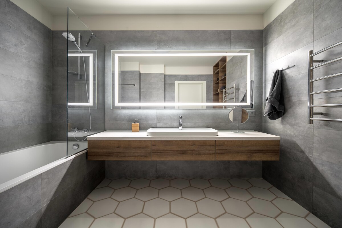 Contemporary Bathroom Design With Grey Tiles Contemporary Bathroom Design With Grey Tiles