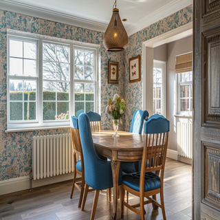 Contemporary 4-Seater Wood And Blue Dining Room Design With Beige Wallpaper