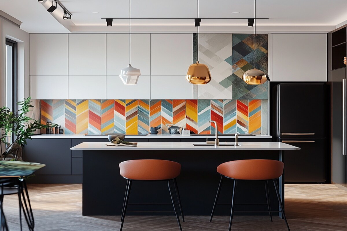 Multicoloured Ceramic Herringbone Tiles Design for Kitchen and Bathroom