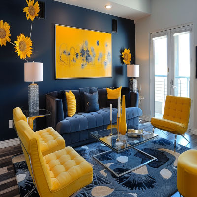 Contemporary Dark Blue And Yellow Living Room Design With Grey Accent Wall