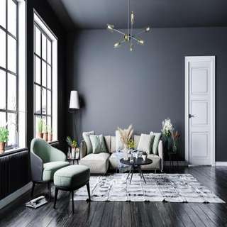 Bluish Grey Living Room Deisgn With Minimalist Furniture and Large Windows