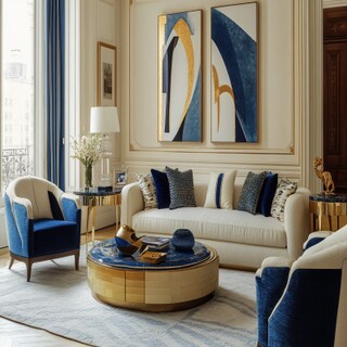 Contemporary Cream And Blue Living Room Design With Cream-Toned Walls And Gold Inlays