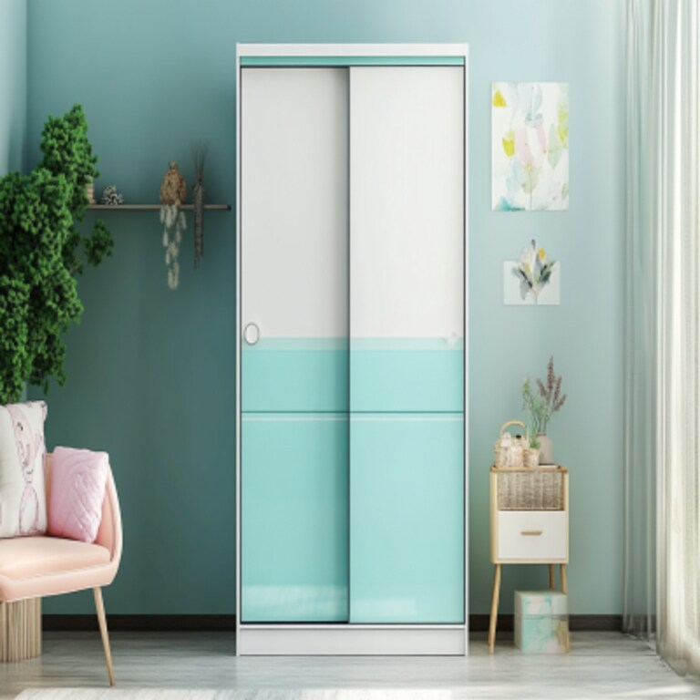 Modern Frosty White And Aqua Green 2-Door Sliding Door Wardrobe Design