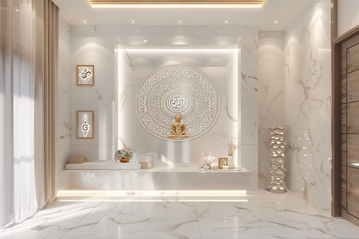 Modern Frosty White Pooja Room Design With Om Mandala Wall Panel
