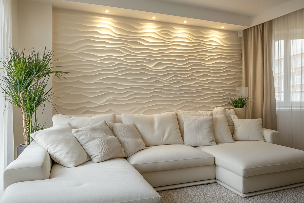 Minimal Living Room Design With White Sectional Sofa And Beige Textured Wall