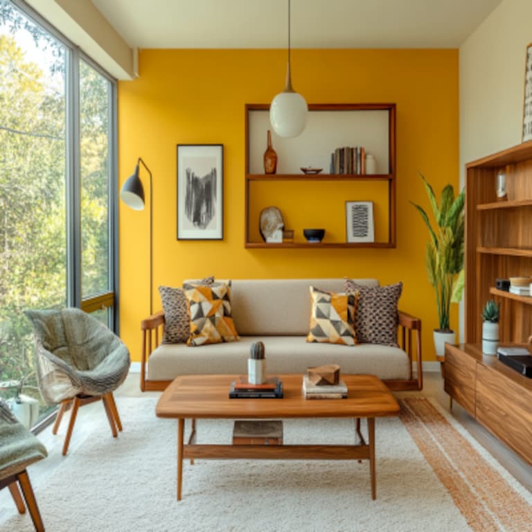 Mid-Century Modern Yellow Living Room Wall Paint Design