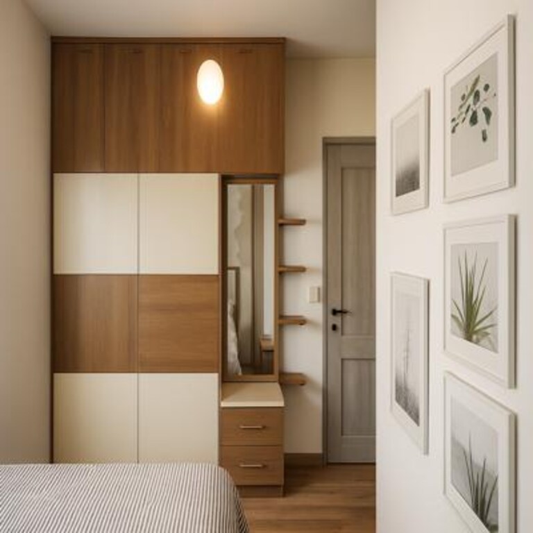 Warm Wood Sliding Wardrobe with Mirror Open Shelves Warm Wood Sliding Wardrobe with Mirror Open Shelves