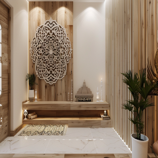 Modern Wood And White Floating Mandir Design With Om Mandala