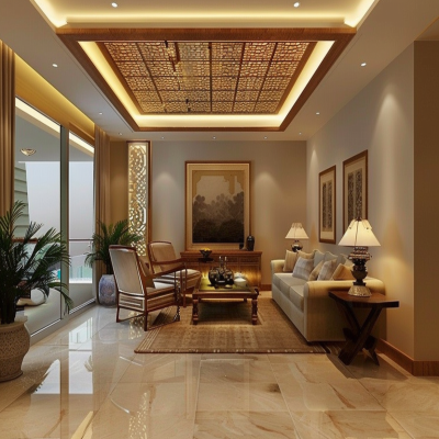 Modern Beige Living Room Design With Wooden False Ceiling