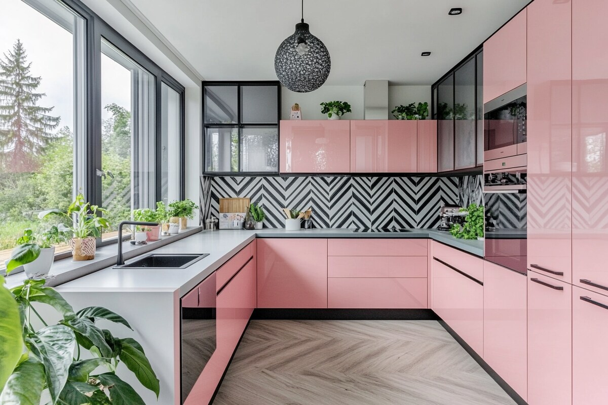 Modern Modular U Shaped Pink And White Regalia Kitchen Design With Black-White Chevron Backsplash