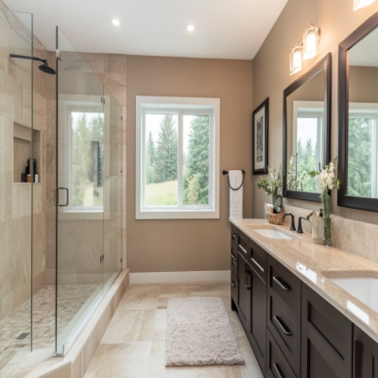 Contemporary Beige Bathroom Design With Black-Framed Glass Partition