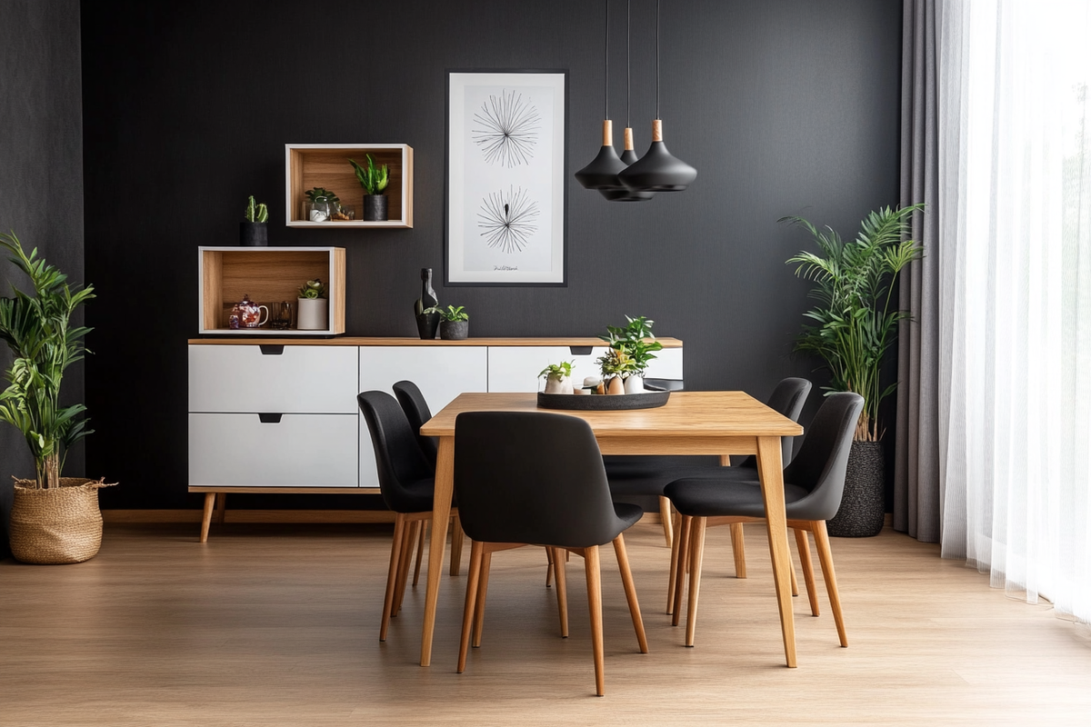 Modern 6-Seater Black And Wood Dining Room Design With White Storage Unit