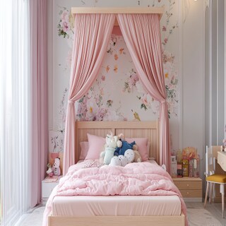 Modern Kids Bedroom Design With Wooden Pink Bed and Floral Wallpaper