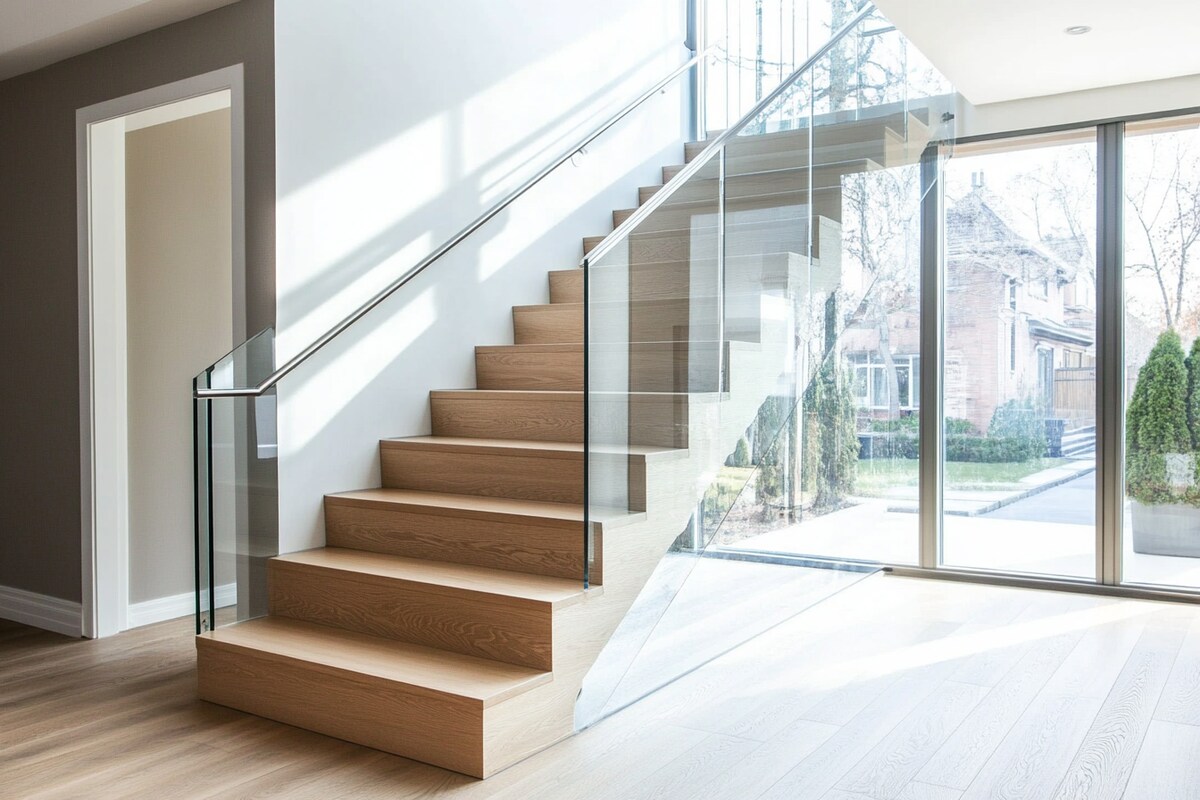 Modern Straight Staircase Design with Wood and Glass Elements Modern Straight Staircase Design with Wood and Glass Elements