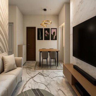 Modern Open Living Room Design with Dining Setup and Marble TV Wall