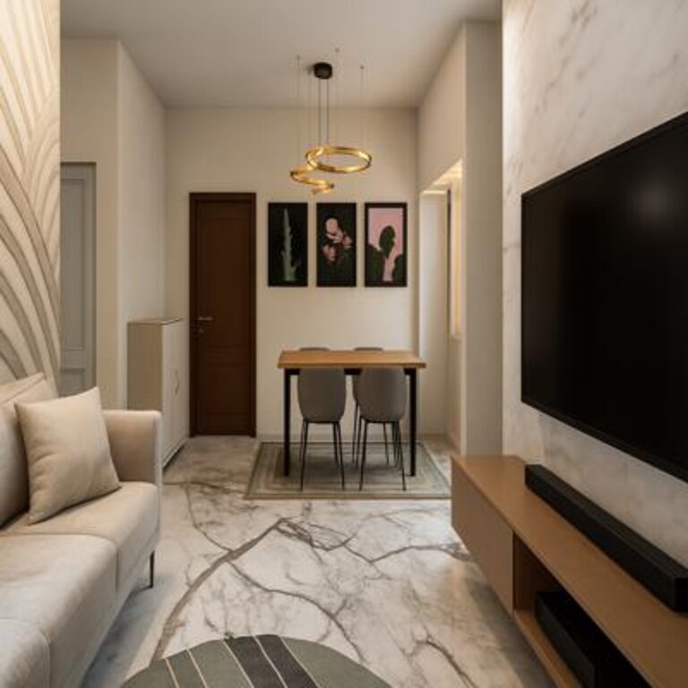 Modern Open Living Room Design with Dining Setup and Marble TV Wall