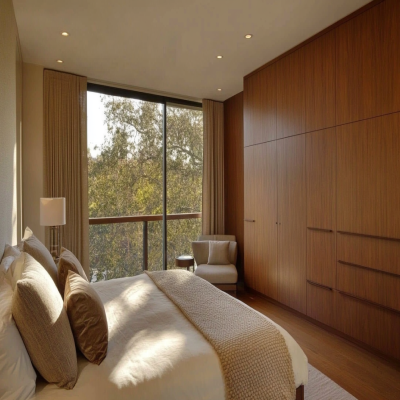 Mid-Century Modern Master Bedroom Design With 3-Door Wooden Sliding Wardrobe