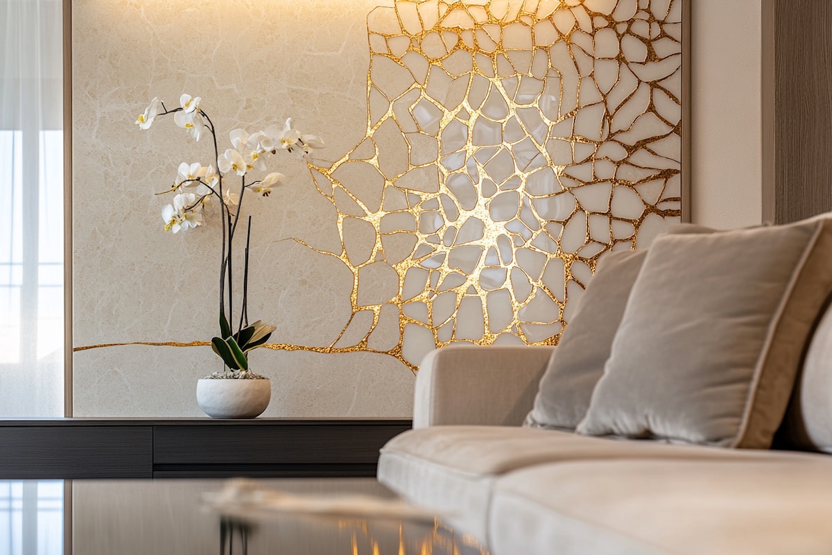 Contemporary Beige And Gold Living Room Wall Design With Gold Inlays