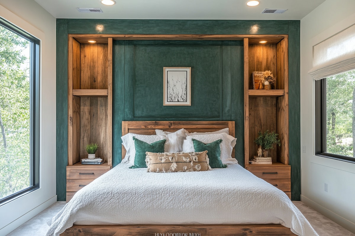 Classic Bedroom Wall Design With Green Textured Wall Paint And Wooden Wall Niche