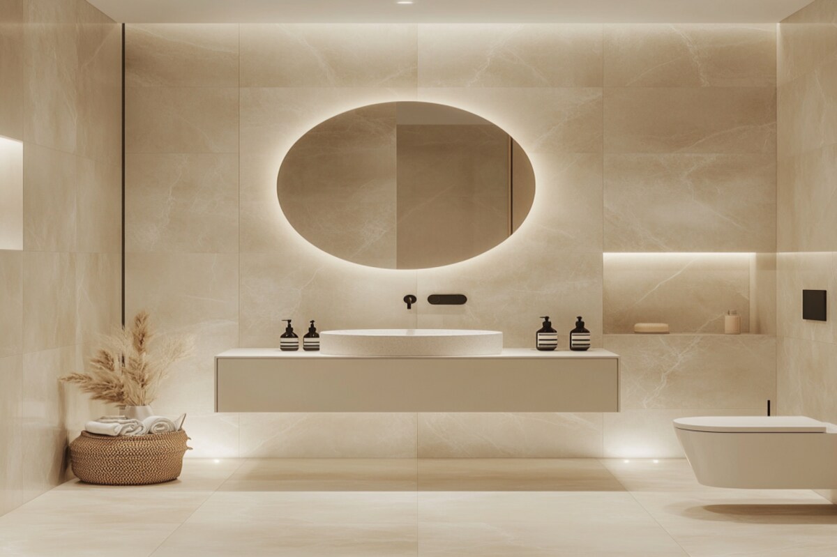 Modern Bathroom Design with Cream Tiles and Round Mirror with Backlight