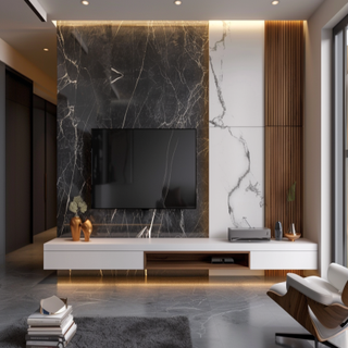 Modern Floor-Mounted White And Wood TV Unit Design And Grey-Black Marble-Finish Accent Wall