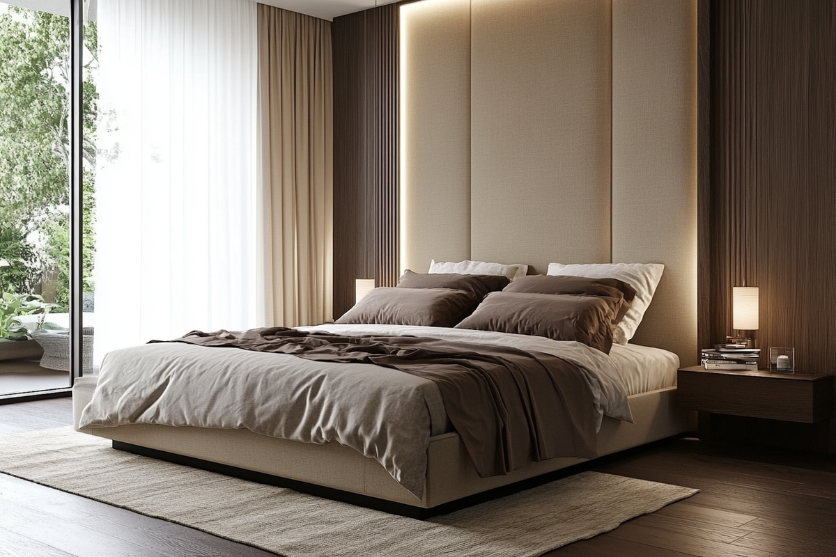 Modern Bedroom Design With Beige Panelled Headboard