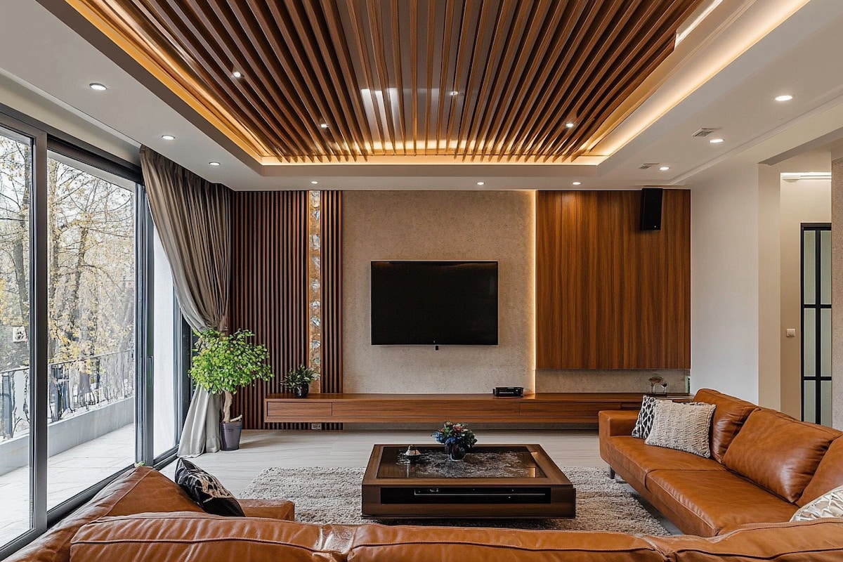 Modern Peripheral Gypsum False Ceiling with Wooden Slats