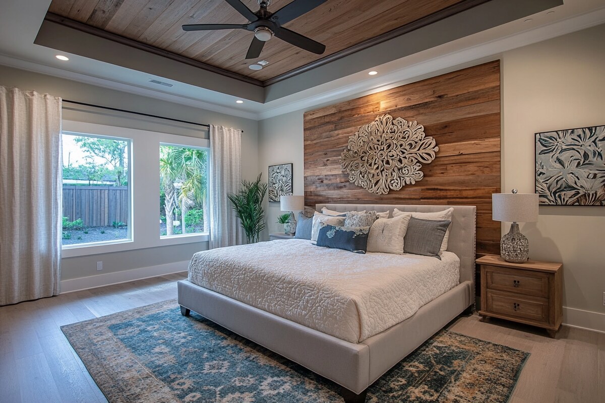 Contemporary Master Bedroom Design With Engraved Floral Headboard And Wooden Accent Wall