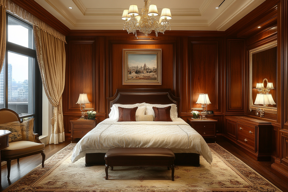 Classic Master Bedroom With Full-Length Wooden Wall Panel