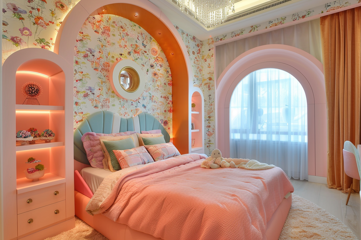 Art Deco Kids Room Design For Girls With Pink Bed And Arched Wall Niche