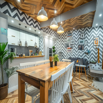 Modern White And Grey 6-seater Dining Room Design With Chevron-Motif Ceiling Wallpaper