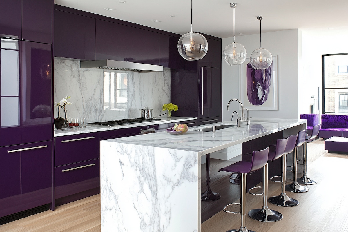 Modern Purple Island Kitchen Design with Marble Countertop